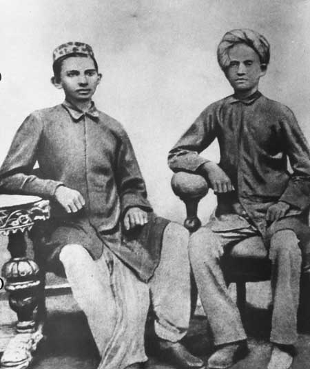 Gandhiji with one of his classmate, when he was fourteen.(Parhaps Sheikh Mehatab).jpg
